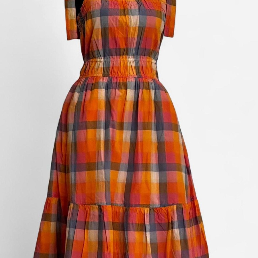 Free assembly Plaid Midi Dress XS Tie Shoulder Smocked Waist Cotton Multi